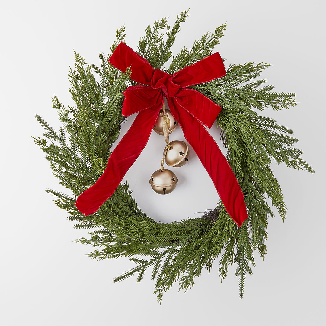 Buy Pine Wreath With Velvet Bow And Bells Online Bed Bath N' Table